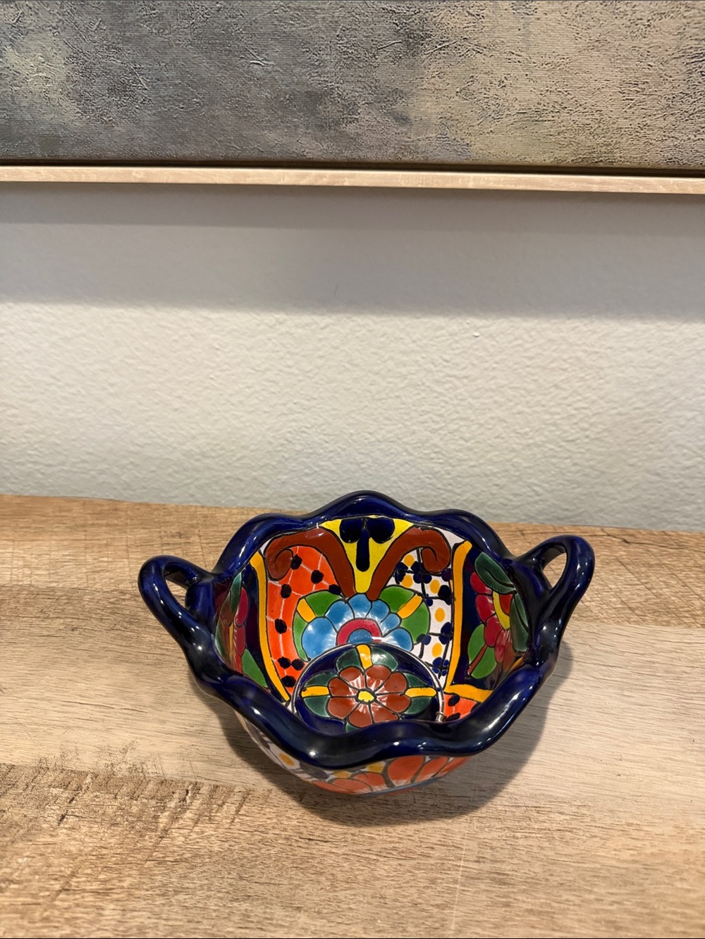 Hand-Painted Multicolor Talavera-Style Ceramic Serving Bowl